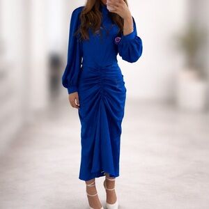 Cobalt Blue Ruched Midi Dress with Balloon Sleeves